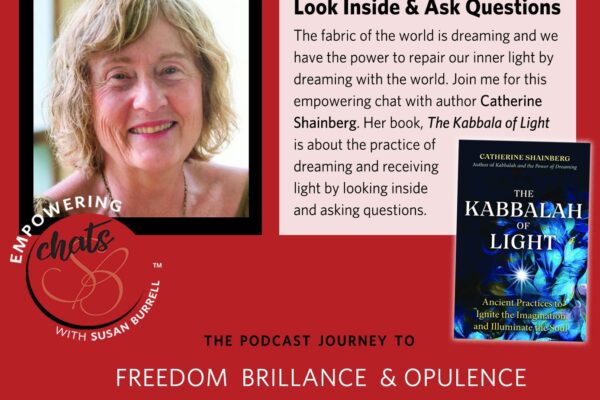 promotional photo of Catherine Shainberg on Empowering Chats with Susan Burrell. Red background with book cover and text snippet